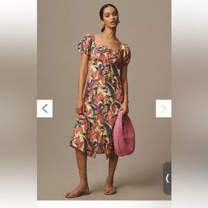 Farm Rio x Anthropologie Puff-Sleeve Sweetheart Linen Midi Dress